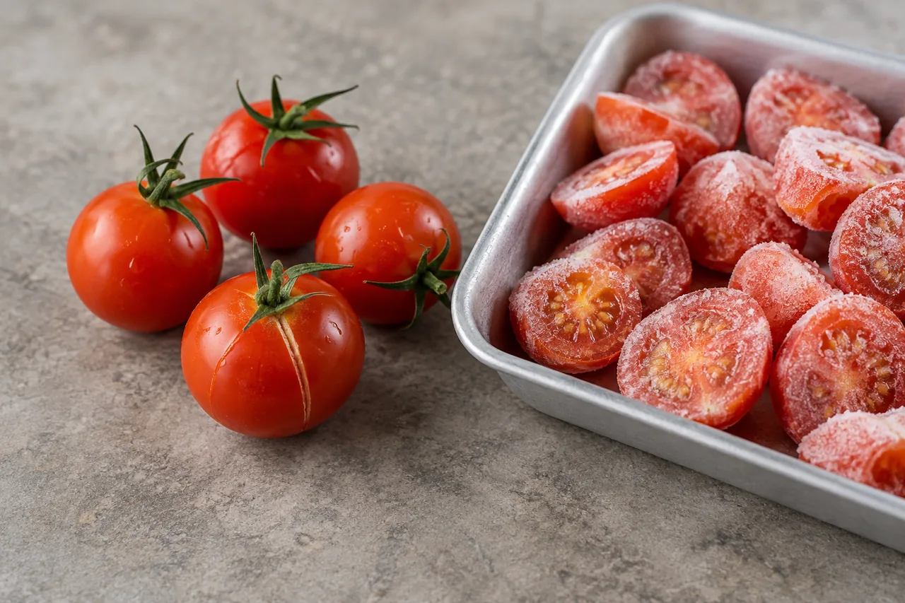Fresh cracked cherry tomatoes beside frozen cherry tomato halves.